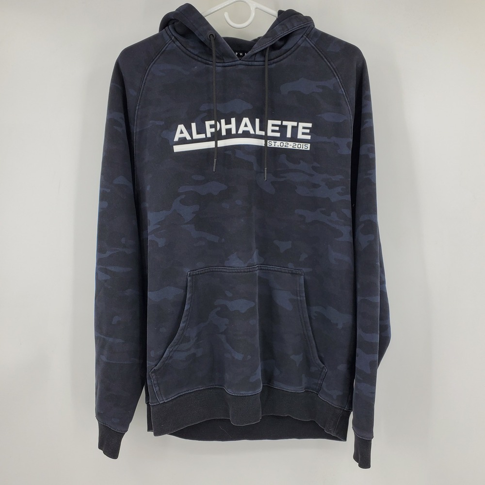 Alphalete Mens Camo Pullover Hoodie Navy Blue Black Camouflage Logo Sweatshirt L